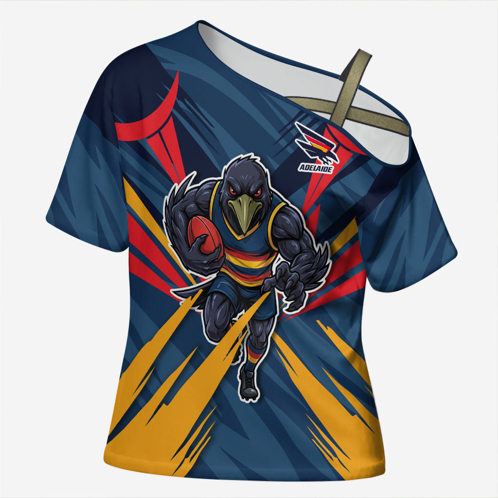 Adelaide Crows Australian Football Cross Shoulder Shirt Muscular Mascot Graphic - Bold Team Colors
