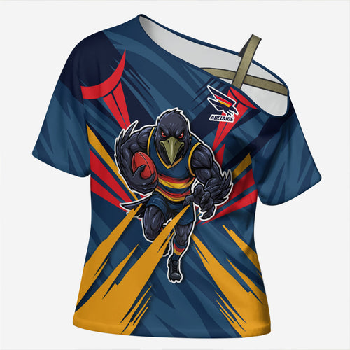 Adelaide Crows Australian Football Cross Shoulder Shirt Muscular Mascot Graphic - Bold Team Colors