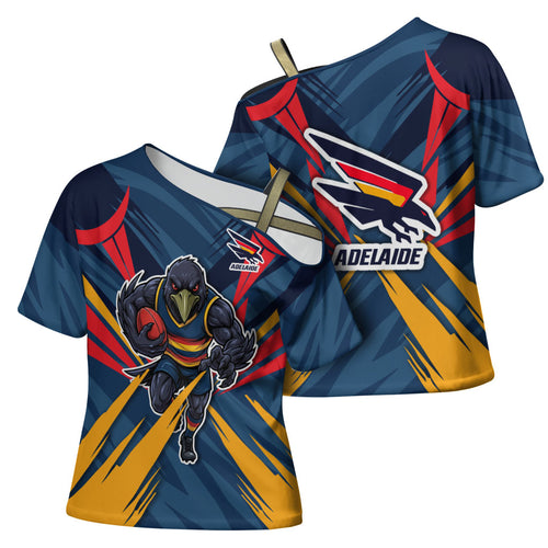 Adelaide Crows Australian Football Cross Shoulder Shirt Muscular Mascot Graphic - Bold Team Colors