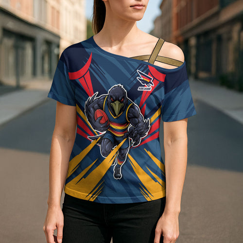 Adelaide Crows Australian Football Cross Shoulder Shirt Muscular Mascot Graphic - Bold Team Colors