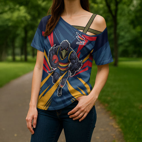 Adelaide Crows Australian Football Cross Shoulder Shirt Muscular Mascot Graphic - Bold Team Colors