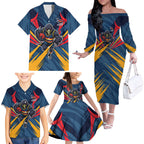 Adelaide Crows Australian Football Family Matching Off The Shoulder Long Sleeve Dress and Hawaiian Shirt Muscular Mascot Graphic - Bold Team Colors