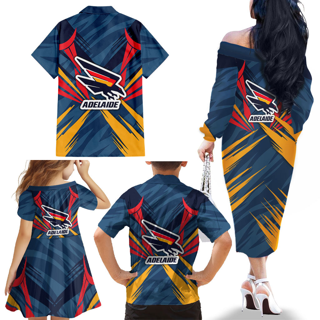 Adelaide Crows Australian Football Family Matching Off The Shoulder Long Sleeve Dress and Hawaiian Shirt Muscular Mascot Graphic - Bold Team Colors