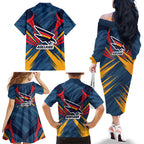 Adelaide Crows Australian Football Family Matching Off The Shoulder Long Sleeve Dress and Hawaiian Shirt Muscular Mascot Graphic - Bold Team Colors