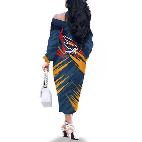 Adelaide Crows Australian Football Family Matching Off The Shoulder Long Sleeve Dress and Hawaiian Shirt Muscular Mascot Graphic - Bold Team Colors