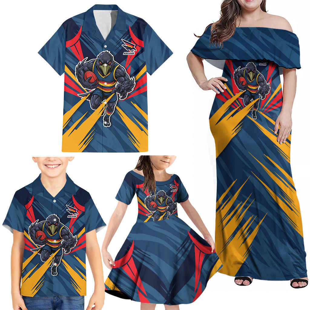Adelaide Crows Australian Football Family Matching Off Shoulder Maxi Dress and Hawaiian Shirt Muscular Mascot Graphic - Bold Team Colors