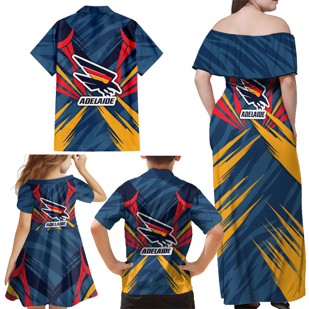 Adelaide Crows Australian Football Family Matching Off Shoulder Maxi Dress and Hawaiian Shirt Muscular Mascot Graphic - Bold Team Colors
