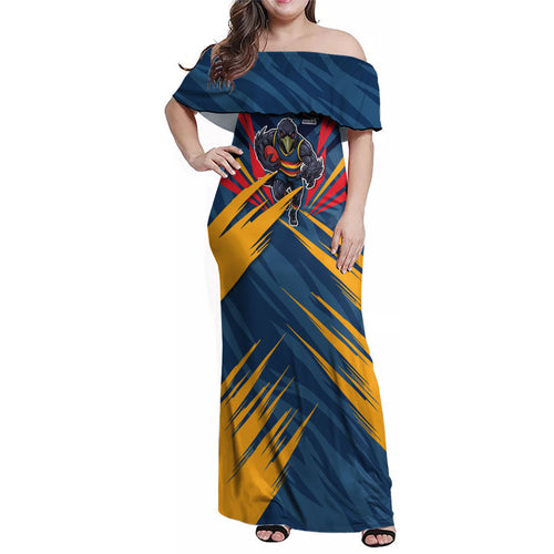 Adelaide Crows Australian Football Family Matching Off Shoulder Maxi Dress and Hawaiian Shirt Muscular Mascot Graphic - Bold Team Colors