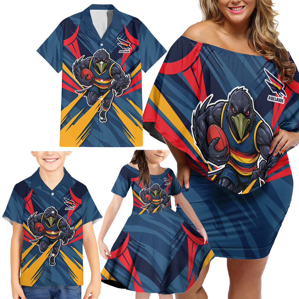 Adelaide Crows Australian Football Family Matching Off Shoulder Short Dress and Hawaiian Shirt Muscular Mascot Graphic - Bold Team Colors