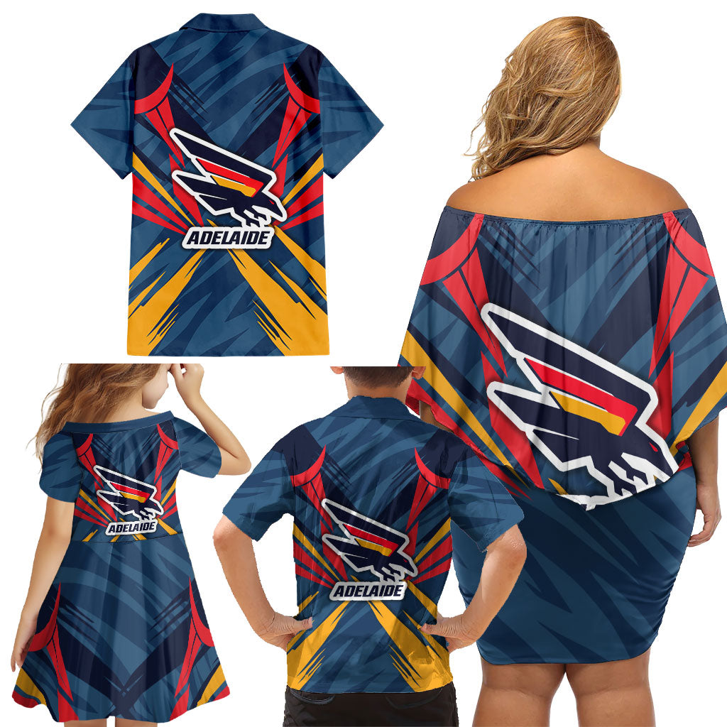 Adelaide Crows Australian Football Family Matching Off Shoulder Short Dress and Hawaiian Shirt Muscular Mascot Graphic - Bold Team Colors