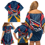 Adelaide Crows Australian Football Family Matching Off Shoulder Short Dress and Hawaiian Shirt Muscular Mascot Graphic - Bold Team Colors