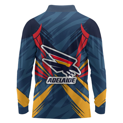 Adelaide Crows Australian Football Long Sleeve Polo Shirt Muscular Mascot Graphic - Bold Team Colors