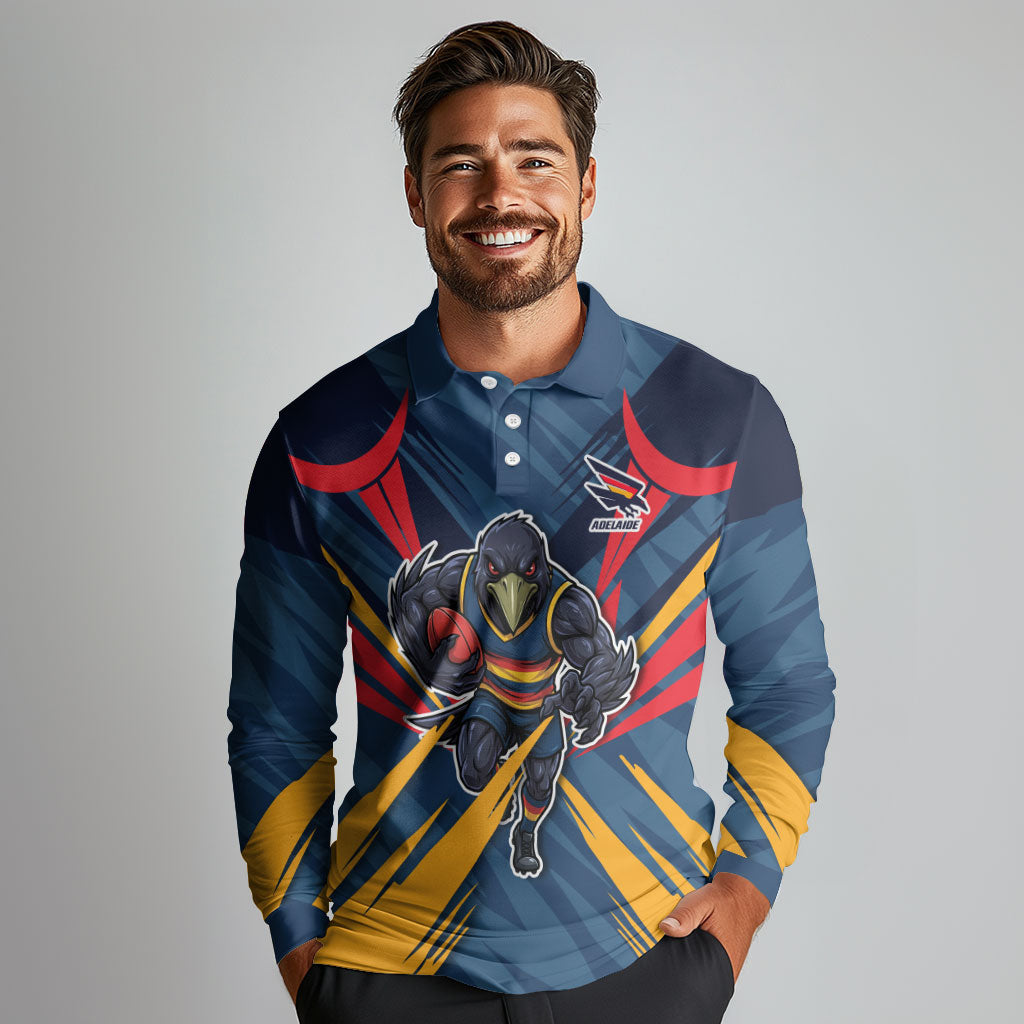 Adelaide Crows Australian Football Long Sleeve Polo Shirt Muscular Mascot Graphic - Bold Team Colors