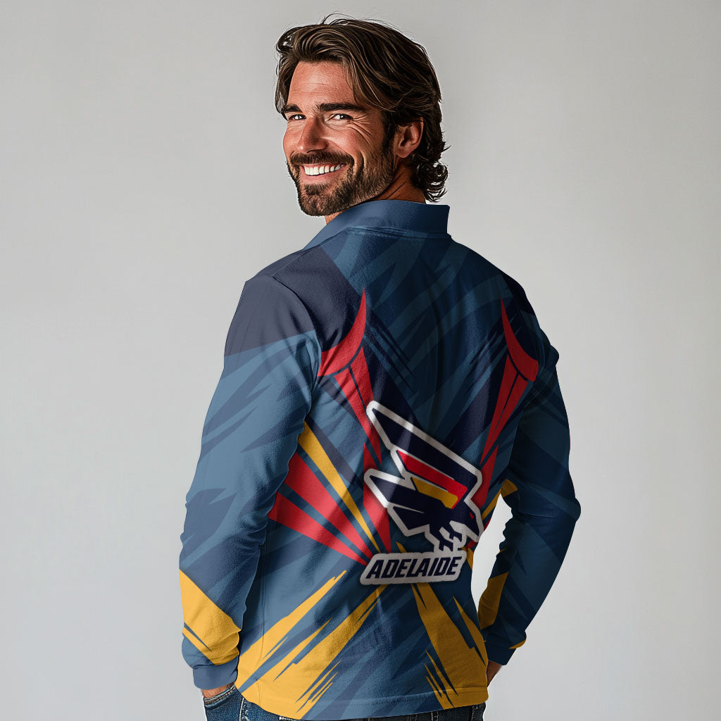 Adelaide Crows Australian Football Long Sleeve Polo Shirt Muscular Mascot Graphic - Bold Team Colors