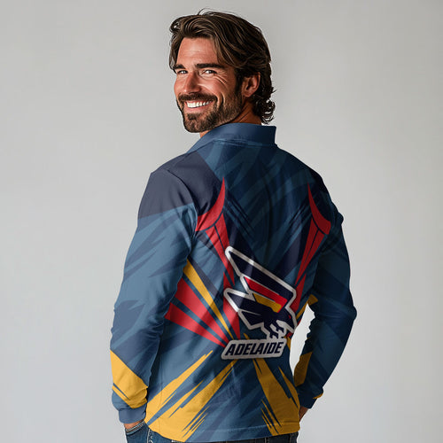 Adelaide Crows Australian Football Long Sleeve Polo Shirt Muscular Mascot Graphic - Bold Team Colors