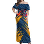 Adelaide Crows Australian Football Off Shoulder Maxi Dress Muscular Mascot Graphic - Bold Team Colors