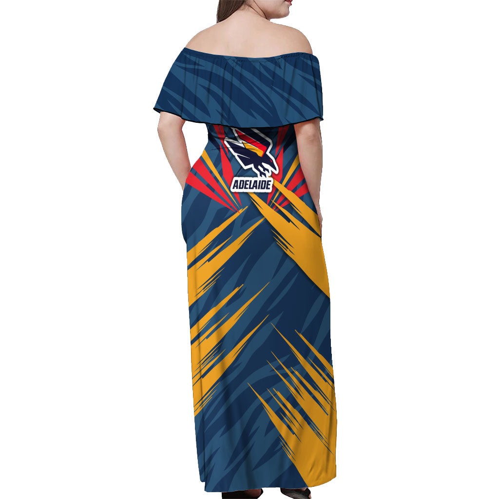 Adelaide Crows Australian Football Off Shoulder Maxi Dress Muscular Mascot Graphic - Bold Team Colors