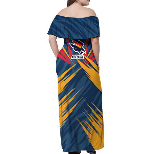 Adelaide Crows Australian Football Off Shoulder Maxi Dress Muscular Mascot Graphic - Bold Team Colors