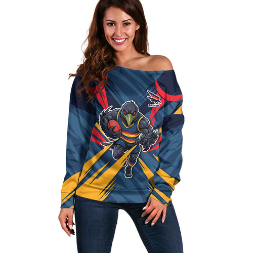 Adelaide Crows Australian Football Off Shoulder Sweater Muscular Mascot Graphic - Bold Team Colors