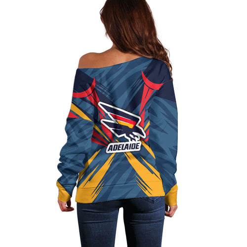 Adelaide Crows Australian Football Off Shoulder Sweater Muscular Mascot Graphic - Bold Team Colors