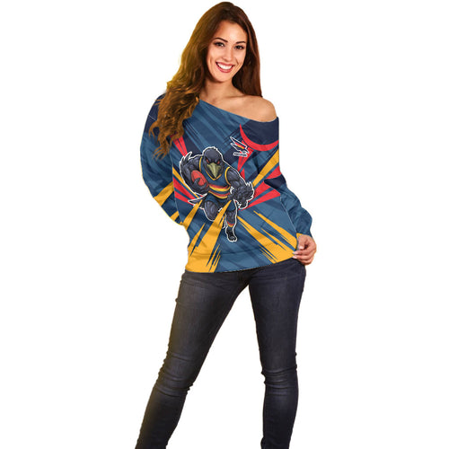 Adelaide Crows Australian Football Off Shoulder Sweater Muscular Mascot Graphic - Bold Team Colors