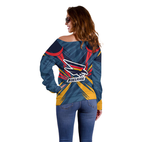 Adelaide Crows Australian Football Off Shoulder Sweater Muscular Mascot Graphic - Bold Team Colors