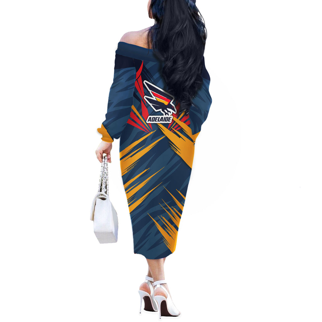 Adelaide Crows Australian Football Off The Shoulder Long Sleeve Dress Muscular Mascot Graphic - Bold Team Colors