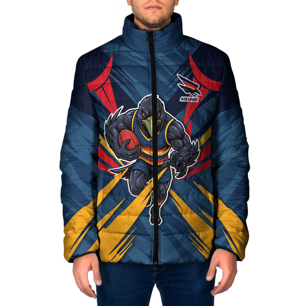 Adelaide Crows Australian Football Padded Jacket Muscular Mascot Graphic - Bold Team Colors