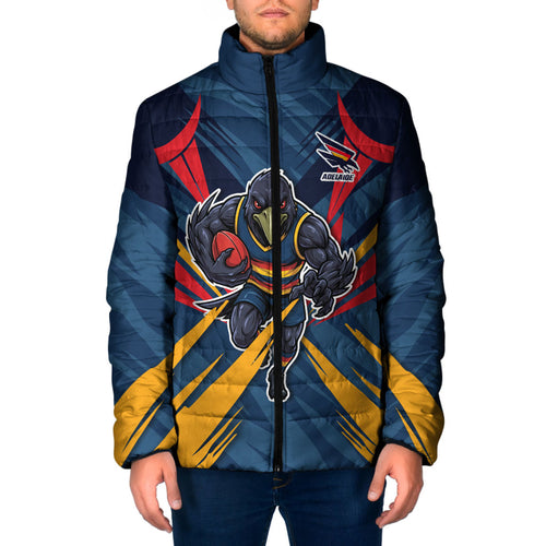 Adelaide Crows Australian Football Padded Jacket Muscular Mascot Graphic - Bold Team Colors