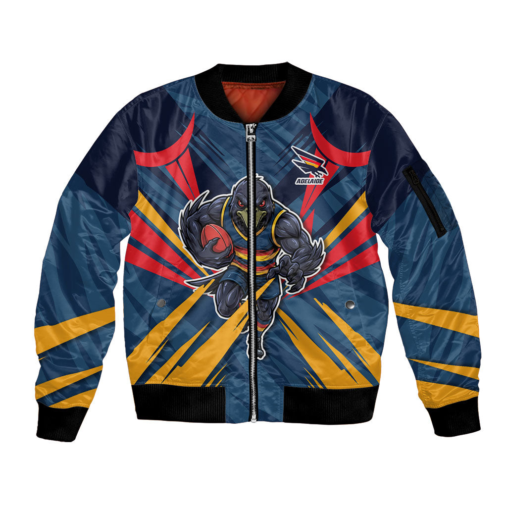 Adelaide Crows Australian Football Sleeve Zip Bomber Jacket Muscular Mascot Graphic - Bold Team Colors
