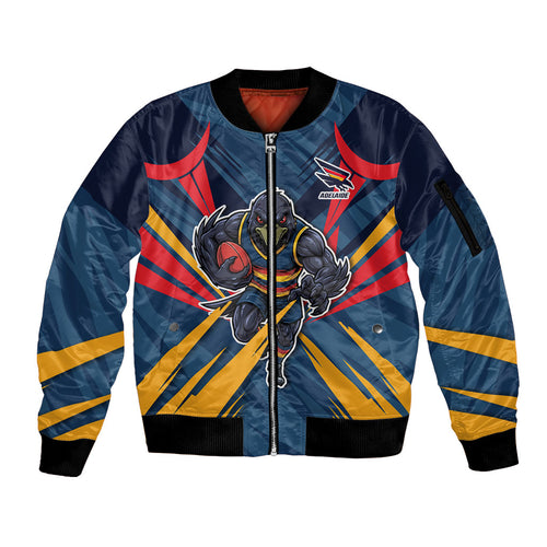 Adelaide Crows Australian Football Sleeve Zip Bomber Jacket Muscular Mascot Graphic - Bold Team Colors