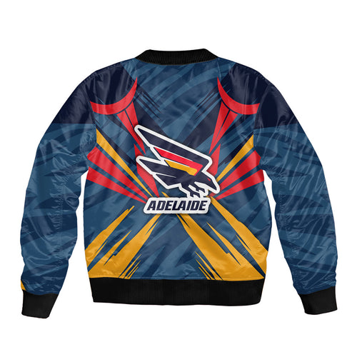 Adelaide Crows Australian Football Sleeve Zip Bomber Jacket Muscular Mascot Graphic - Bold Team Colors