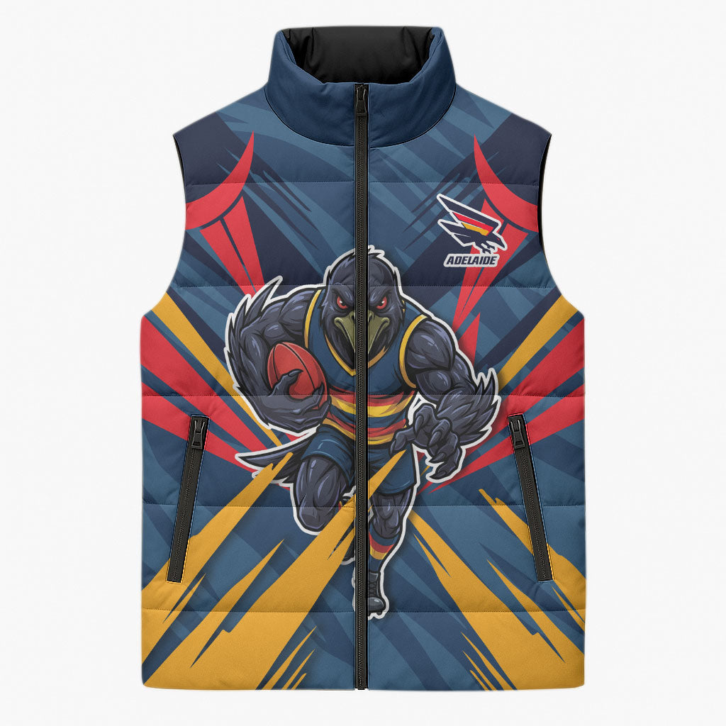 Adelaide Crows Australian Football Sleeveless Puffer Jacket Muscular Mascot Graphic - Bold Team Colors
