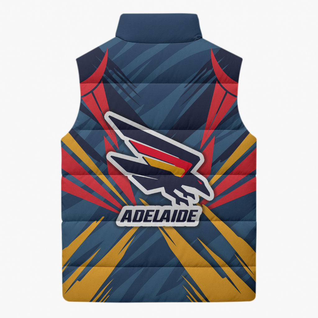 Adelaide Crows Australian Football Sleeveless Puffer Jacket Muscular Mascot Graphic - Bold Team Colors