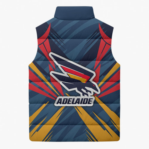 Adelaide Crows Australian Football Sleeveless Puffer Jacket Muscular Mascot Graphic - Bold Team Colors