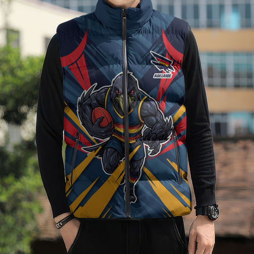Adelaide Crows Australian Football Sleeveless Puffer Jacket Muscular Mascot Graphic - Bold Team Colors