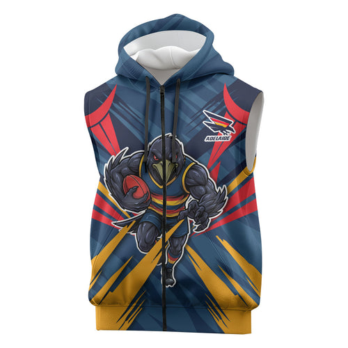 Adelaide Crows Australian Football Sleeveless Zip Hoodie Muscular Mascot Graphic - Bold Team Colors