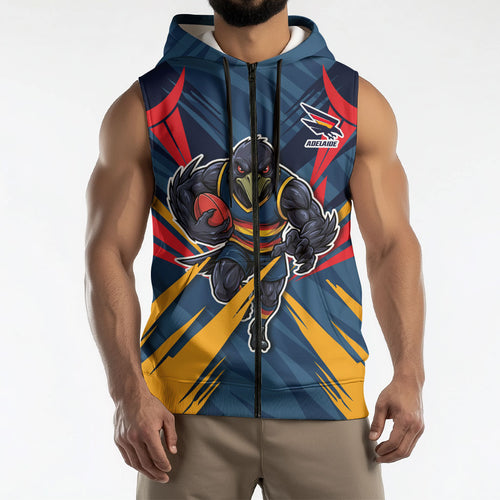 Adelaide Crows Australian Football Sleeveless Zip Hoodie Muscular Mascot Graphic - Bold Team Colors