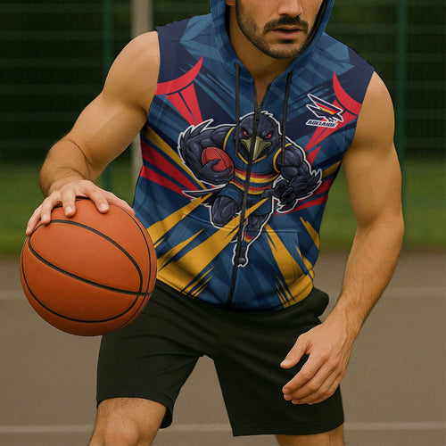 Adelaide Crows Australian Football Sleeveless Zip Hoodie Muscular Mascot Graphic - Bold Team Colors