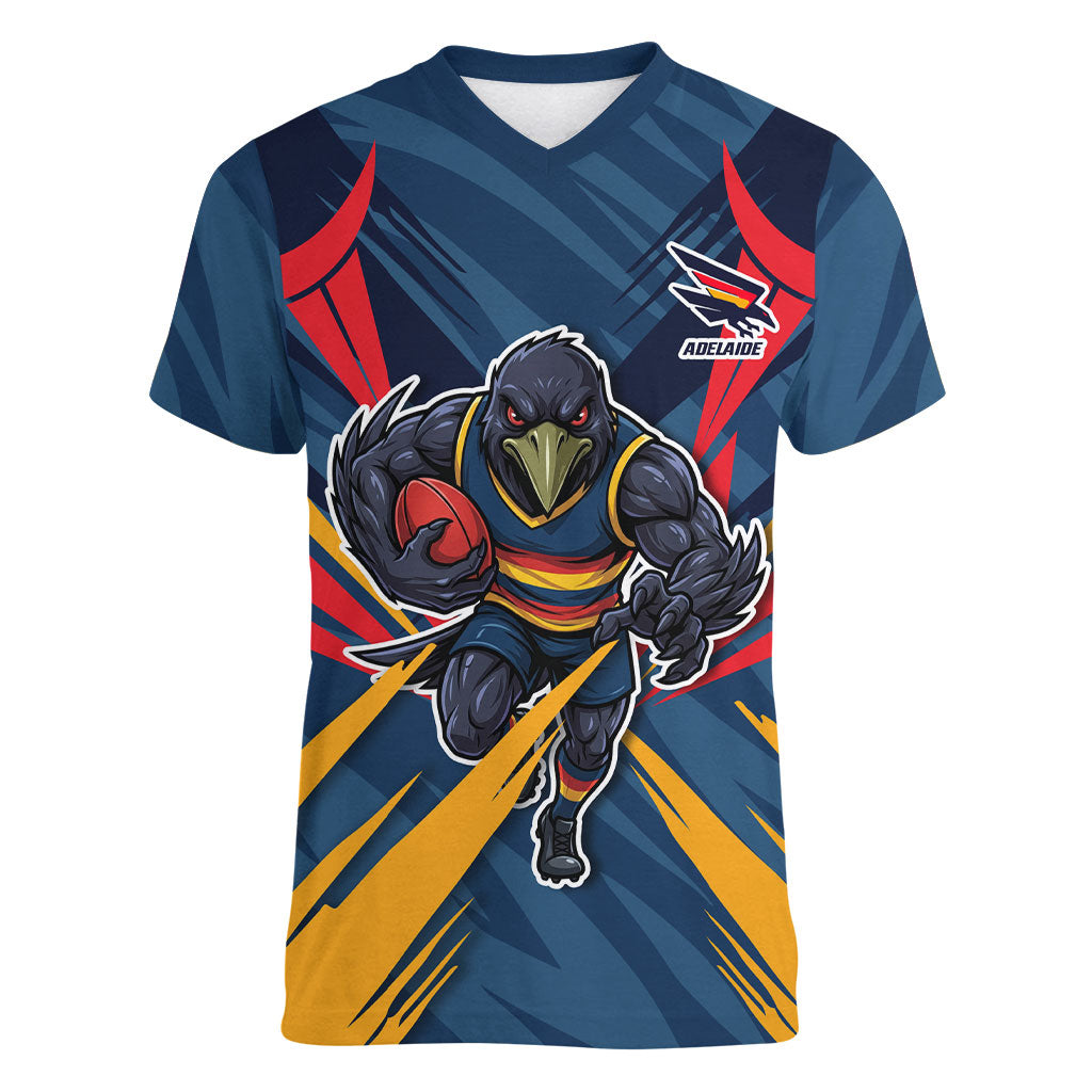 Adelaide Crows Australian Football Women V-Neck T-Shirt Muscular Mascot Graphic - Bold Team Colors