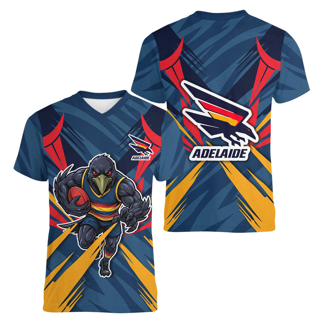 Adelaide Crows Australian Football Women V-Neck T-Shirt Muscular Mascot Graphic - Bold Team Colors