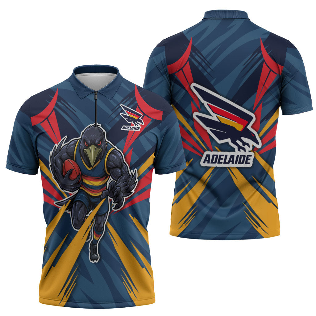 Adelaide Crows Australian Football Zipper Polo Shirt Muscular Mascot Graphic - Bold Team Colors