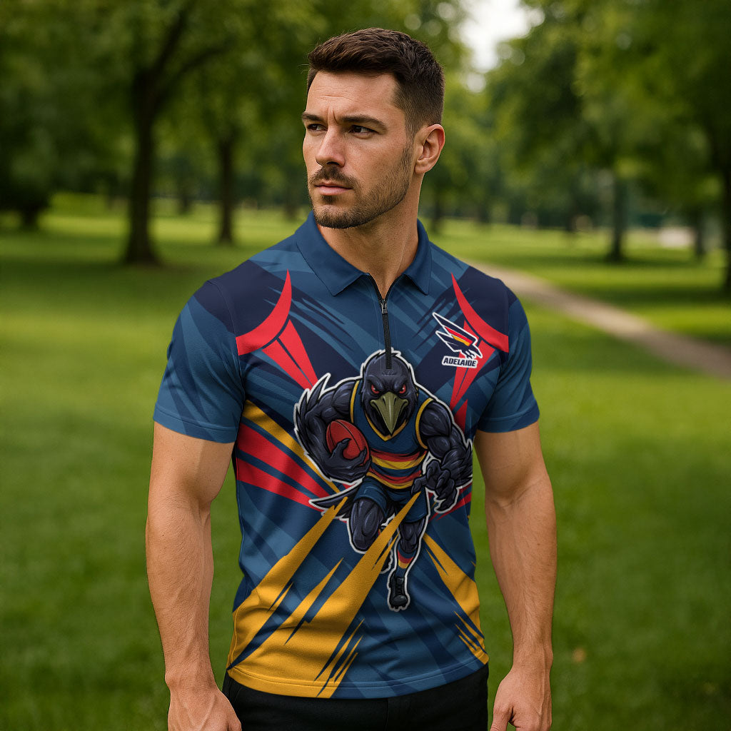Adelaide Crows Australian Football Zipper Polo Shirt Muscular Mascot Graphic - Bold Team Colors