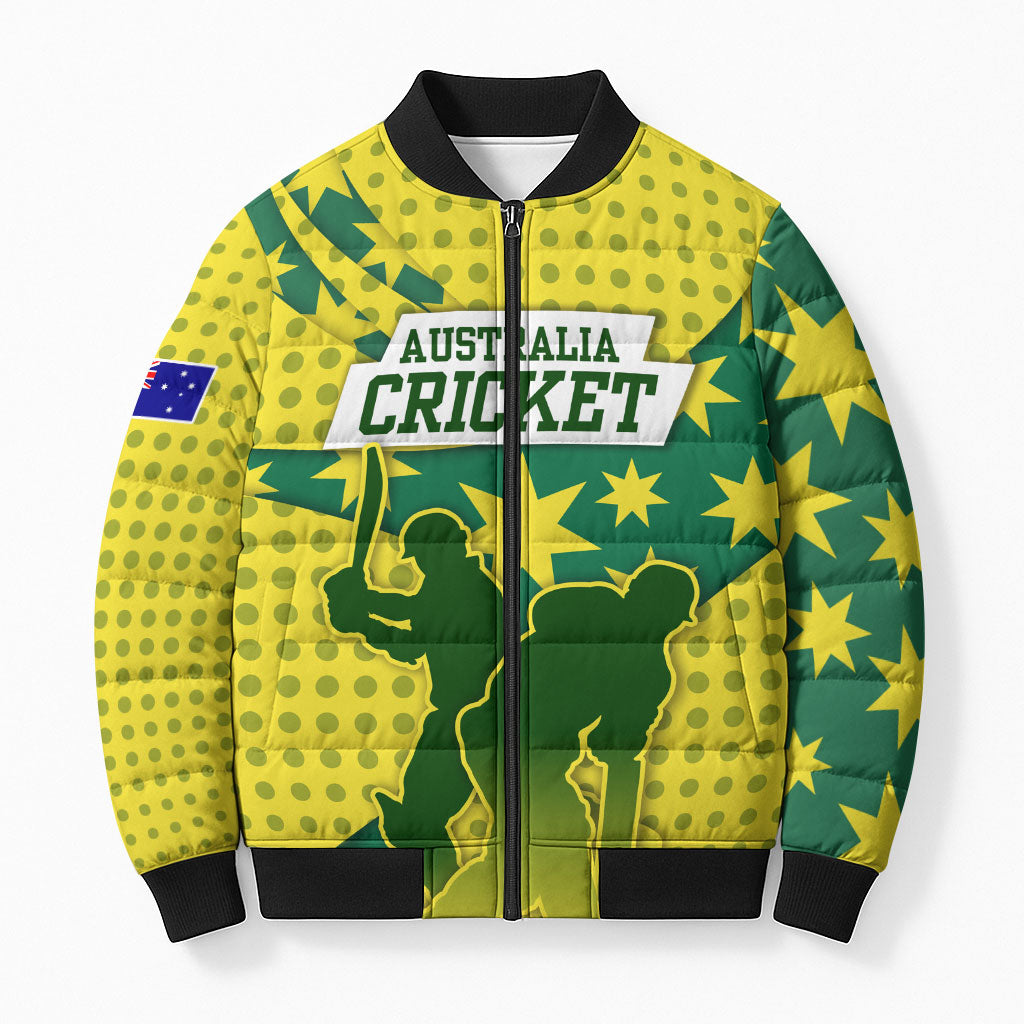Australia Cricket Bomber Puffer Jacket Golden Southern Cross Stars Halftone Pattern Design