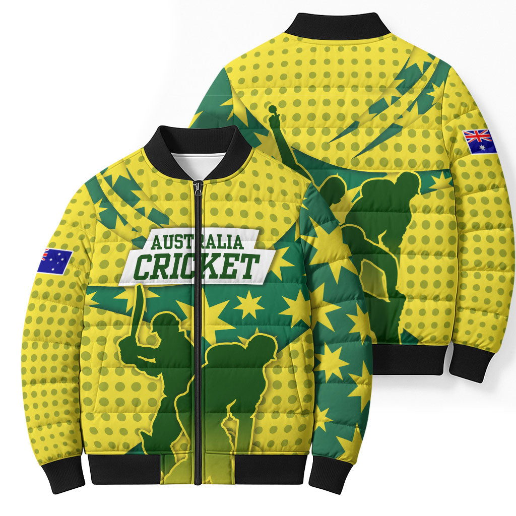 Australia Cricket Bomber Puffer Jacket Golden Southern Cross Stars Halftone Pattern Design