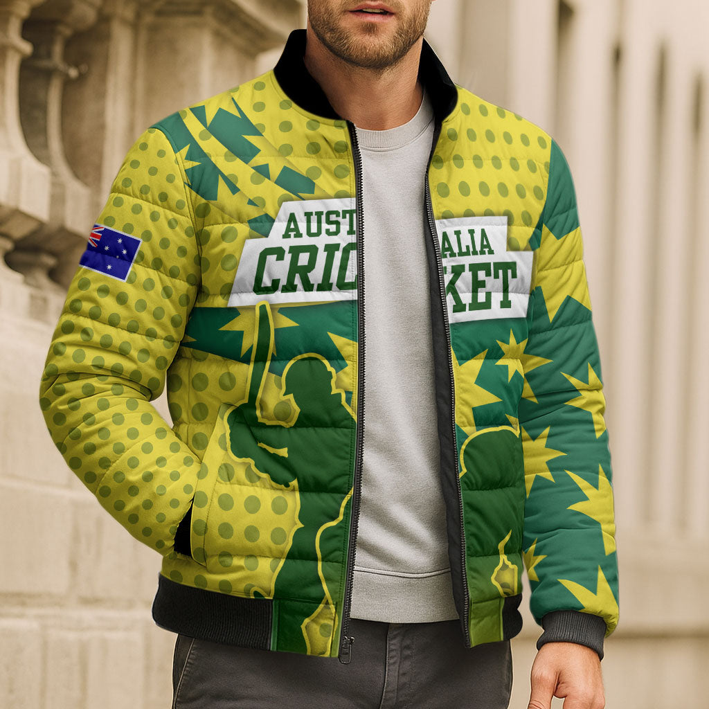 Australia Cricket Bomber Puffer Jacket Golden Southern Cross Stars Halftone Pattern Design