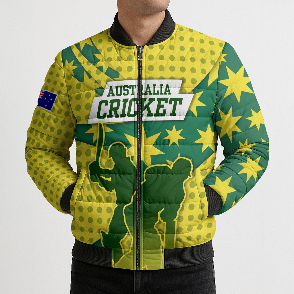 Australia Cricket Bomber Puffer Jacket Golden Southern Cross Stars Halftone Pattern Design