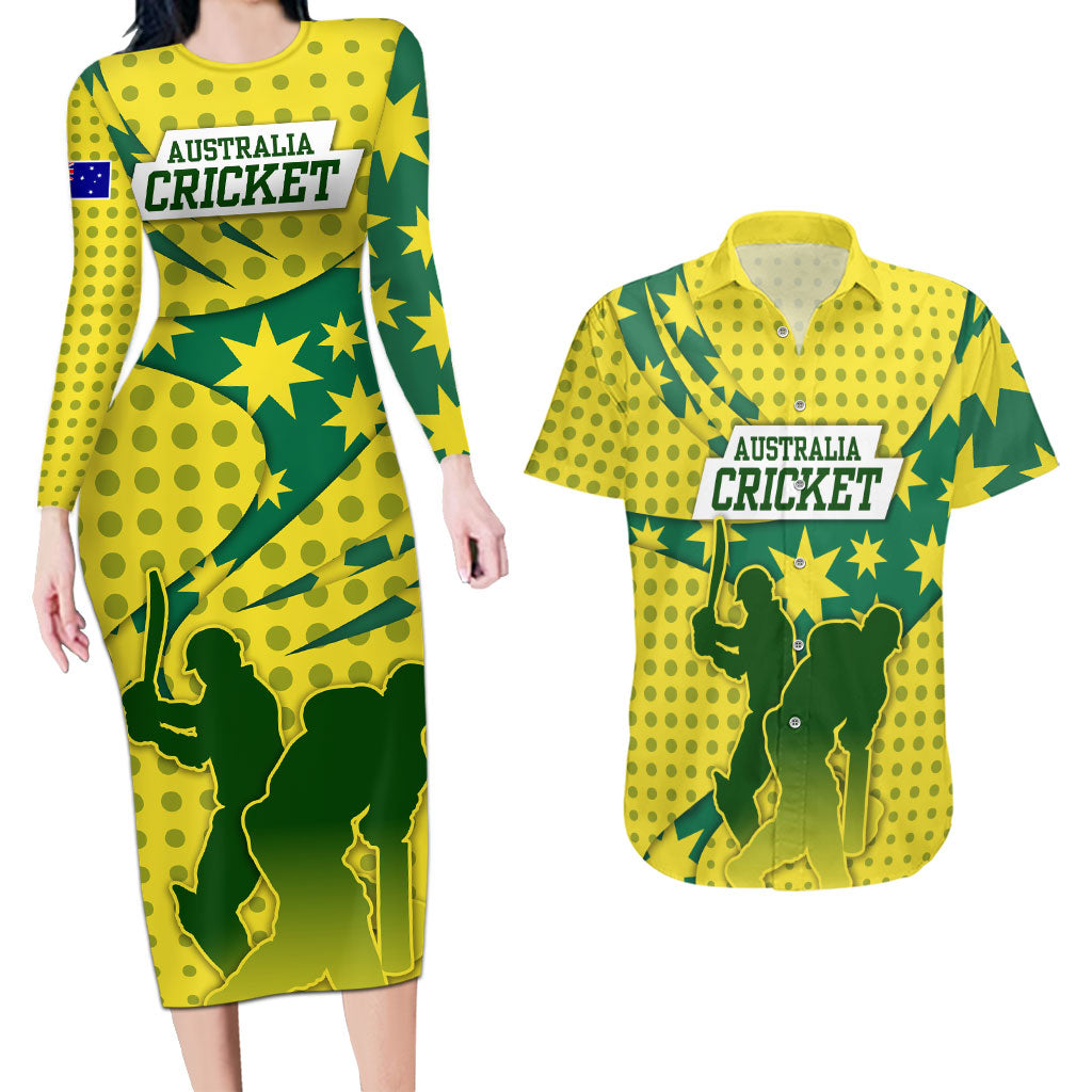 Australia Cricket Couples Matching Long Sleeve Bodycon Dress and Hawaiian Shirt Golden Southern Cross Stars Halftone Pattern Design