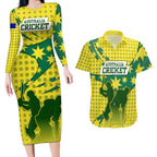 Australia Cricket Couples Matching Long Sleeve Bodycon Dress and Hawaiian Shirt Golden Southern Cross Stars Halftone Pattern Design