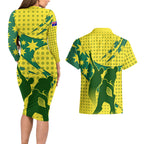 Australia Cricket Couples Matching Long Sleeve Bodycon Dress and Hawaiian Shirt Golden Southern Cross Stars Halftone Pattern Design